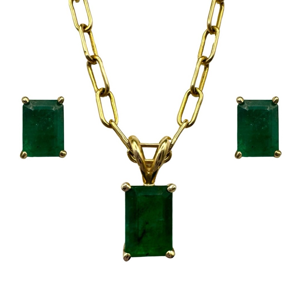 14k Gold Emerald Jewelry Set Emerald Pendant Emerald Studs Earrings Necklace